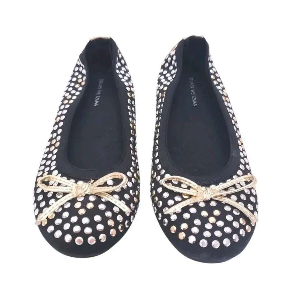 Stuart Weitzman Fannie Tara Flat, Size Girl US 2, Black/Multi Studs Formal Shoes